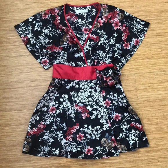 knee length dresses for ladies Black Red Japanese Kimono Floral Pattern Short Robe – Kawaiies main image 1